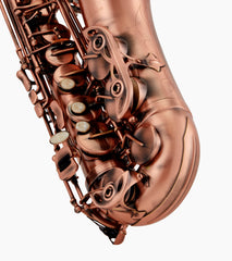 close-up of red e flat alto sax elbow