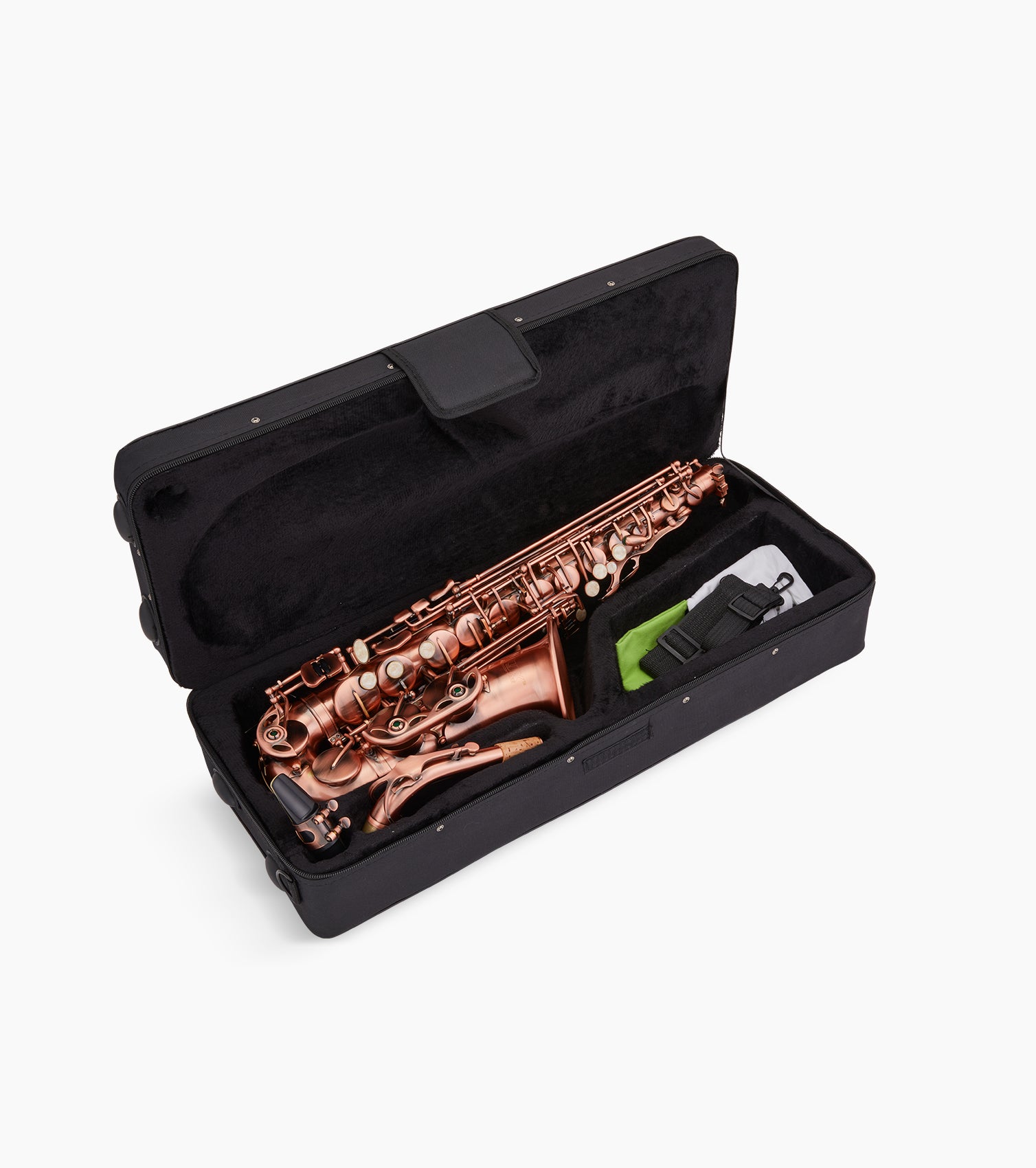 red e flat alto sax in an open case