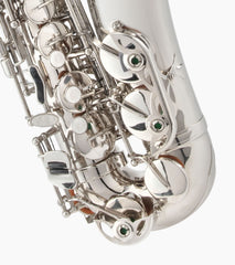 close-up of nickel e flat alto sax elbow
