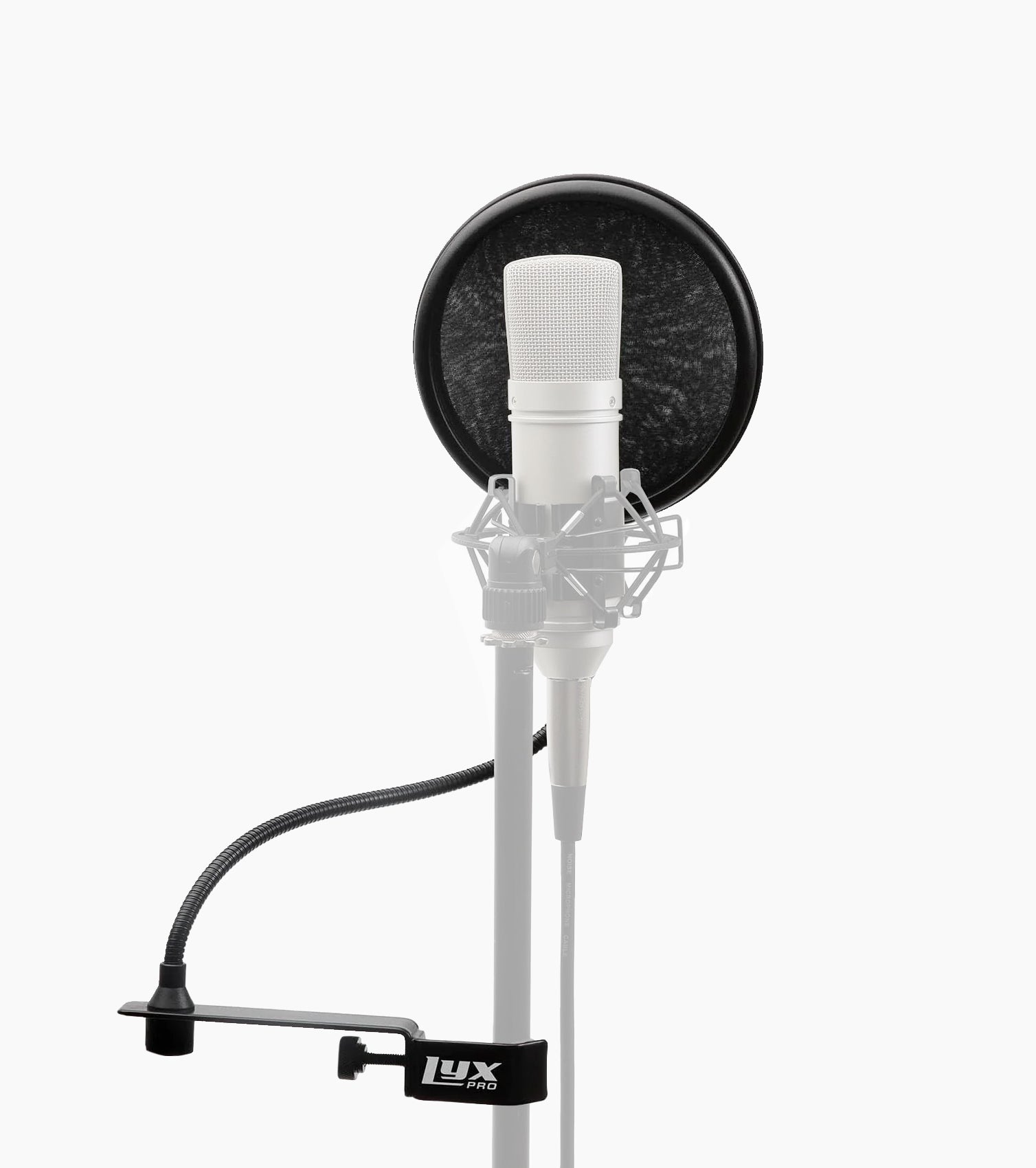  microphone pop filter with flexible gooseneck mounted on mic stand