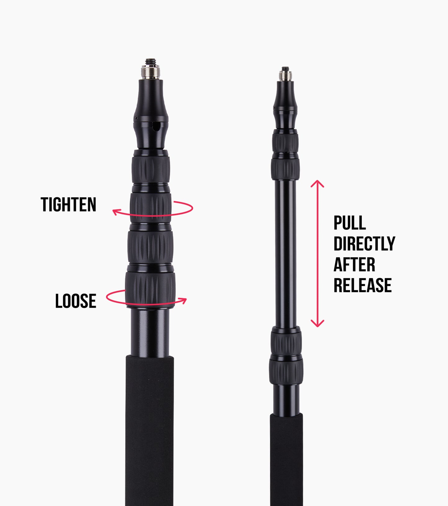 close-up of telescoping microphone boom pole section locks 