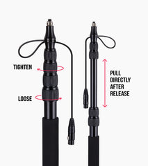 close-up of telescoping microphone boom pole with cable section locks