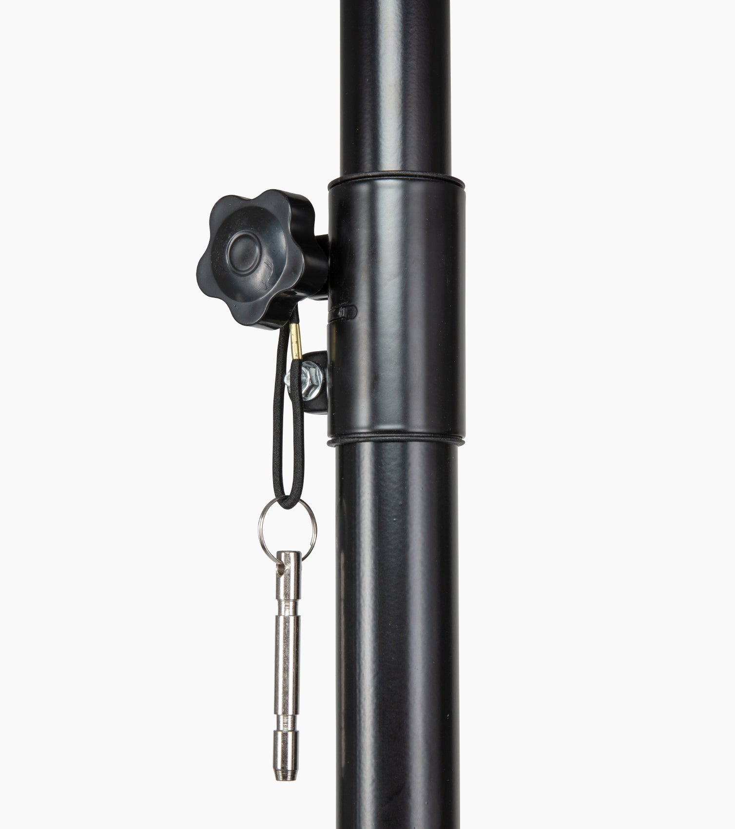 close-up of tripod speaker stand safety pin lock