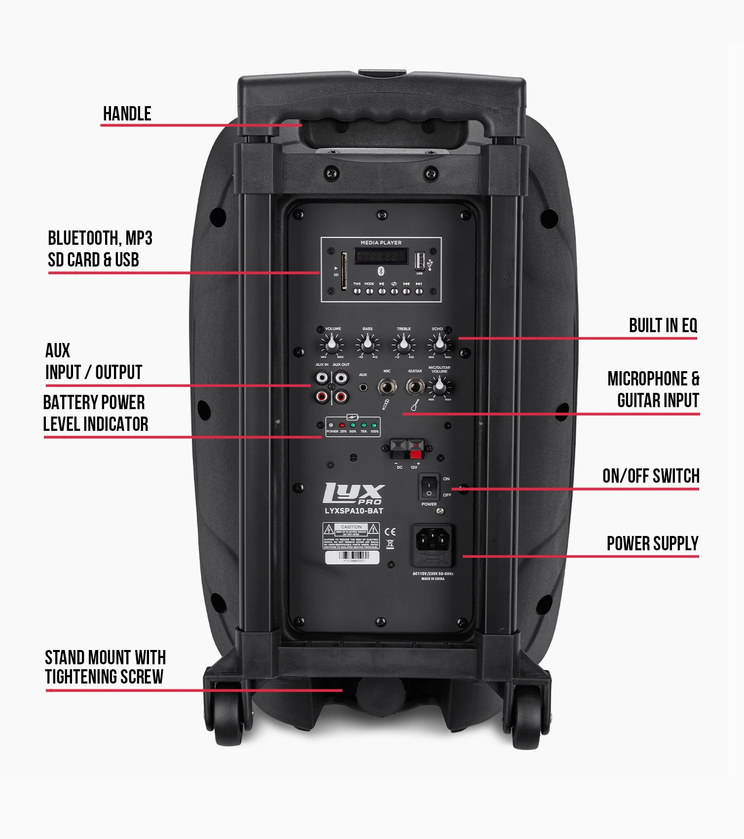 10” portable battery-powered PA speaker rear overview