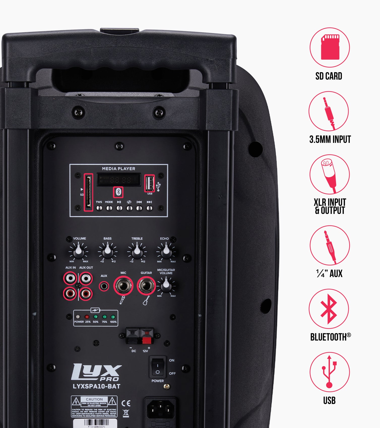 10” portable battery-powered PA speaker control panel 
