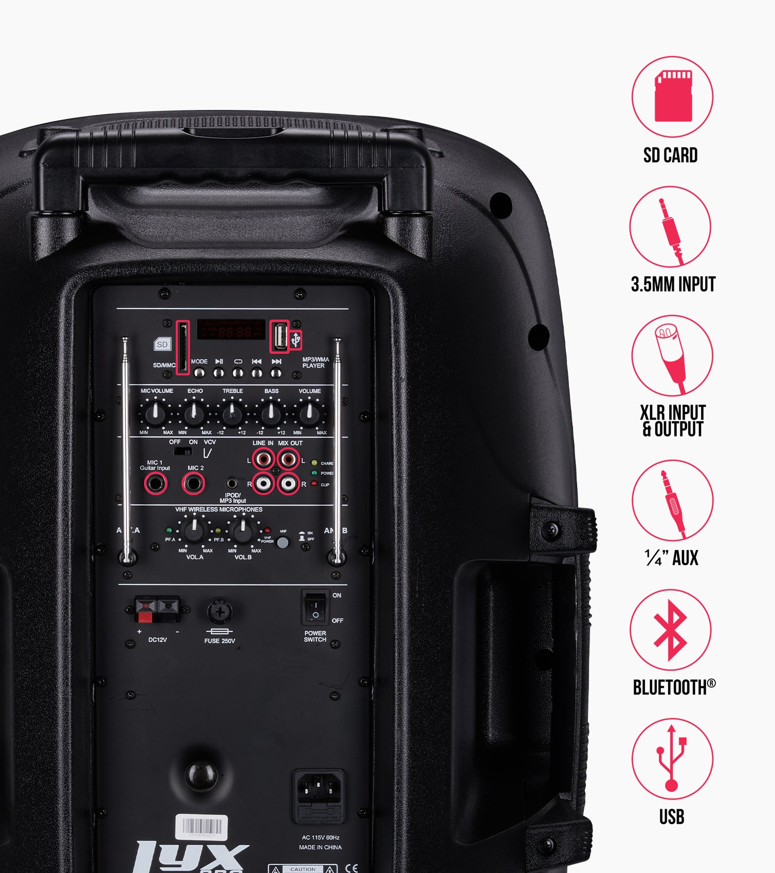 12” portable battery-powered PA speaker control panel