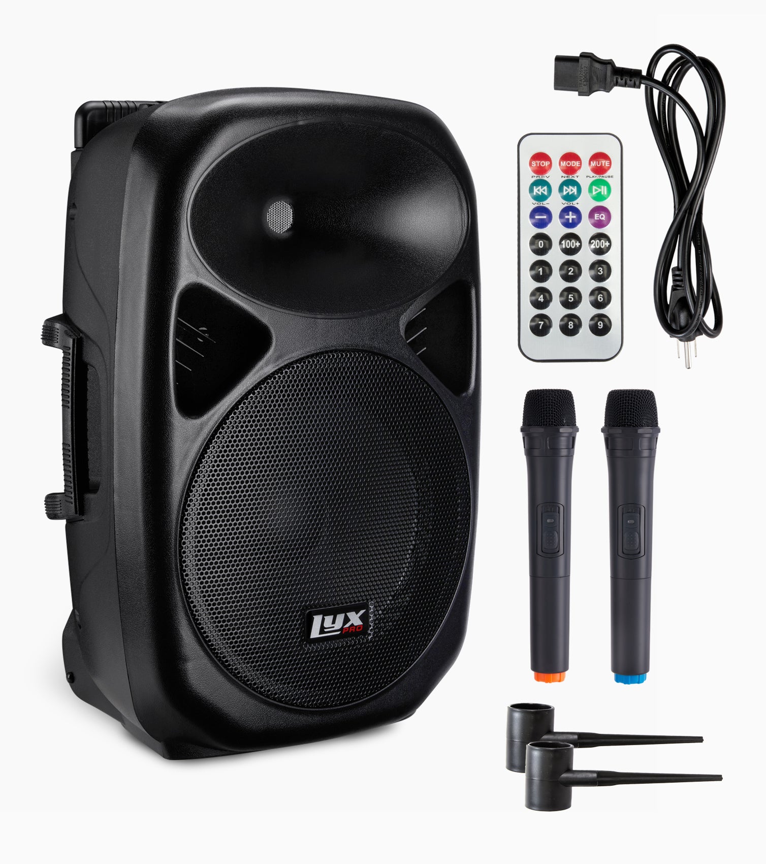 12” portable battery-powered PA speaker, cord, and remote