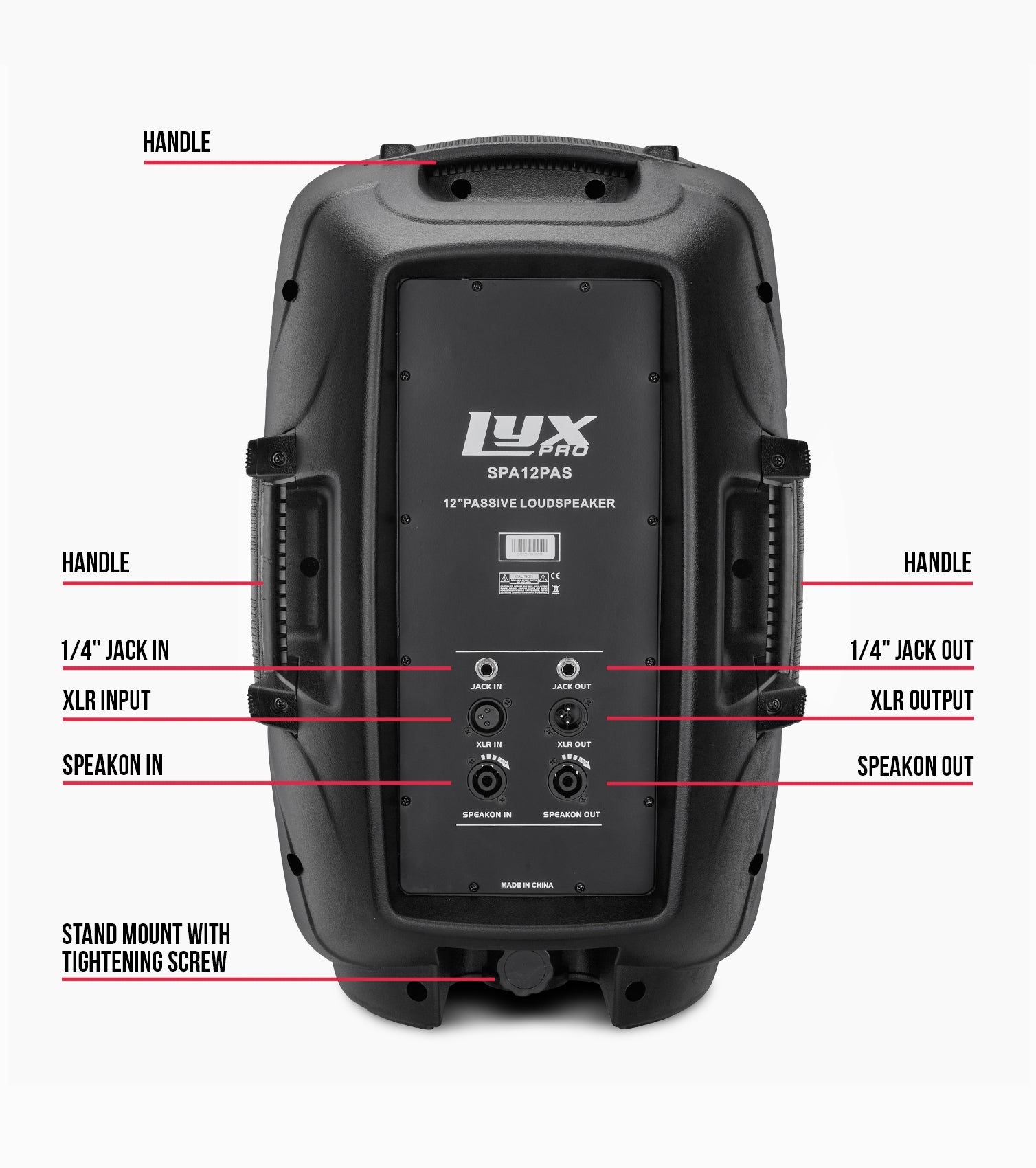 LyxPro Portable 12 in Passive PA Speaker - Inputs and outputs