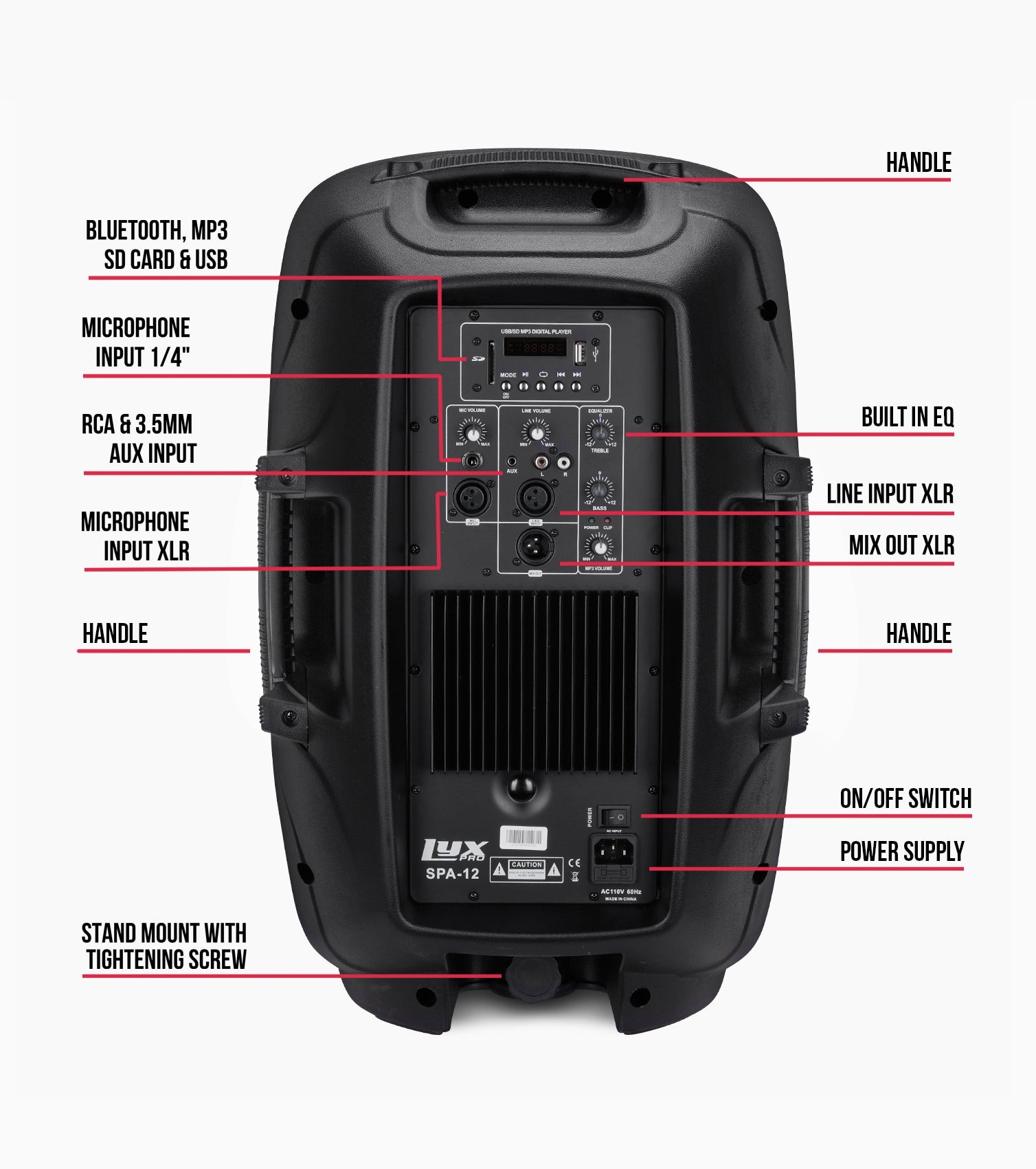 LyxPro 12 in Portable PA Speaker - Connections