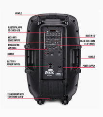 15” portable battery-powered PA speaker rear overview 