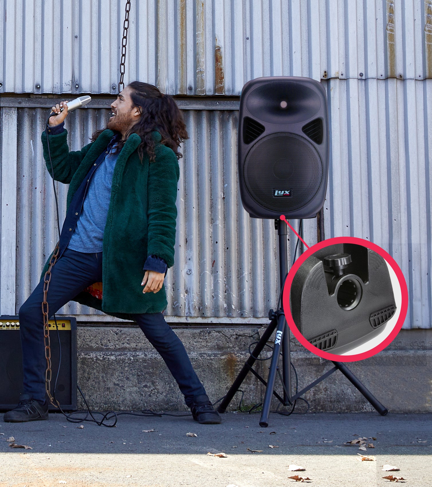 person singing alongside mounted 15” portable passive PA speaker