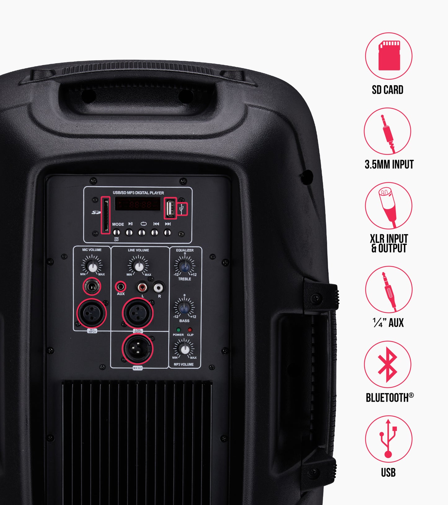 15” portable PA speaker control panel 
