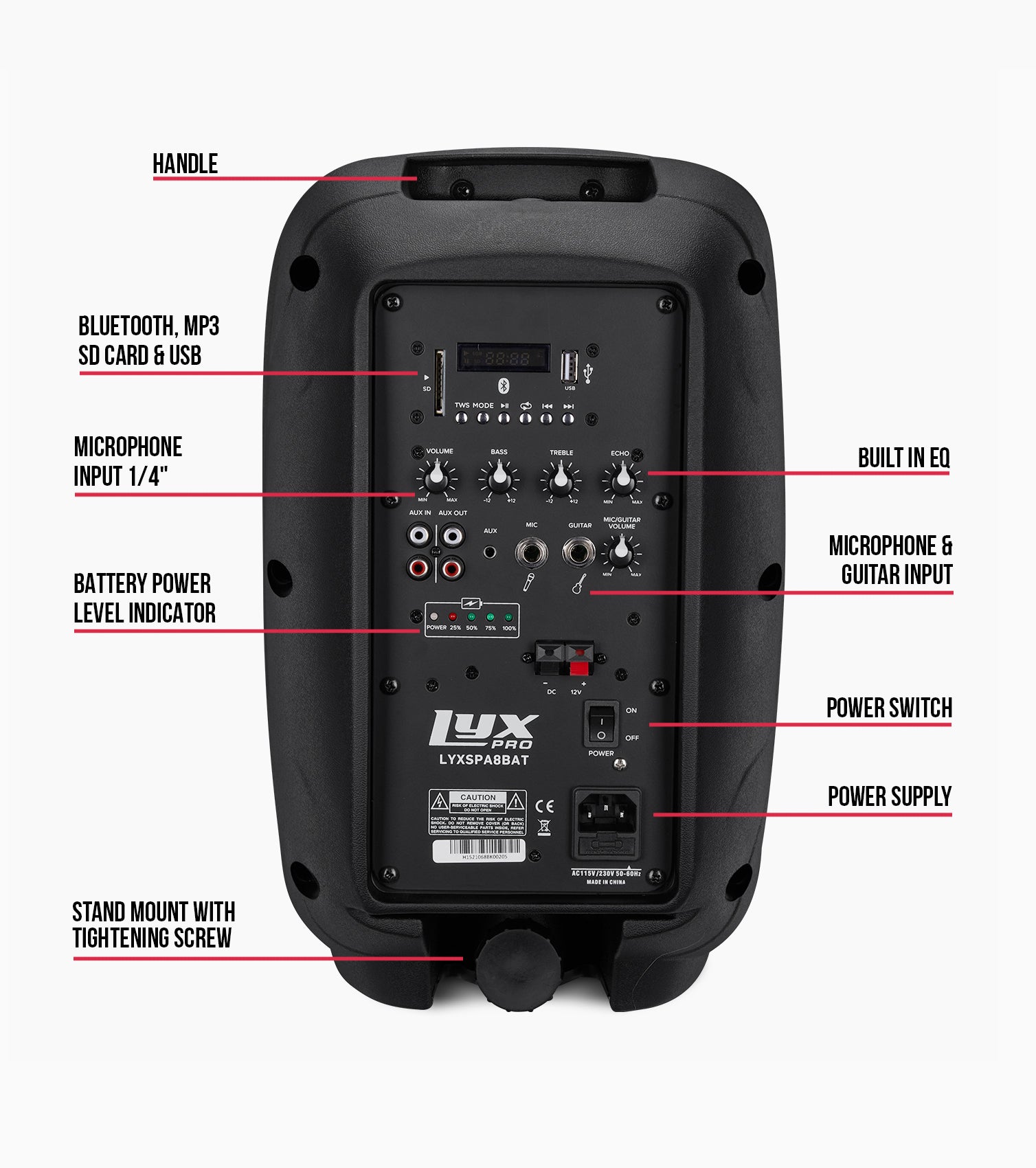 8” portable battery-powered PA speaker rear overview