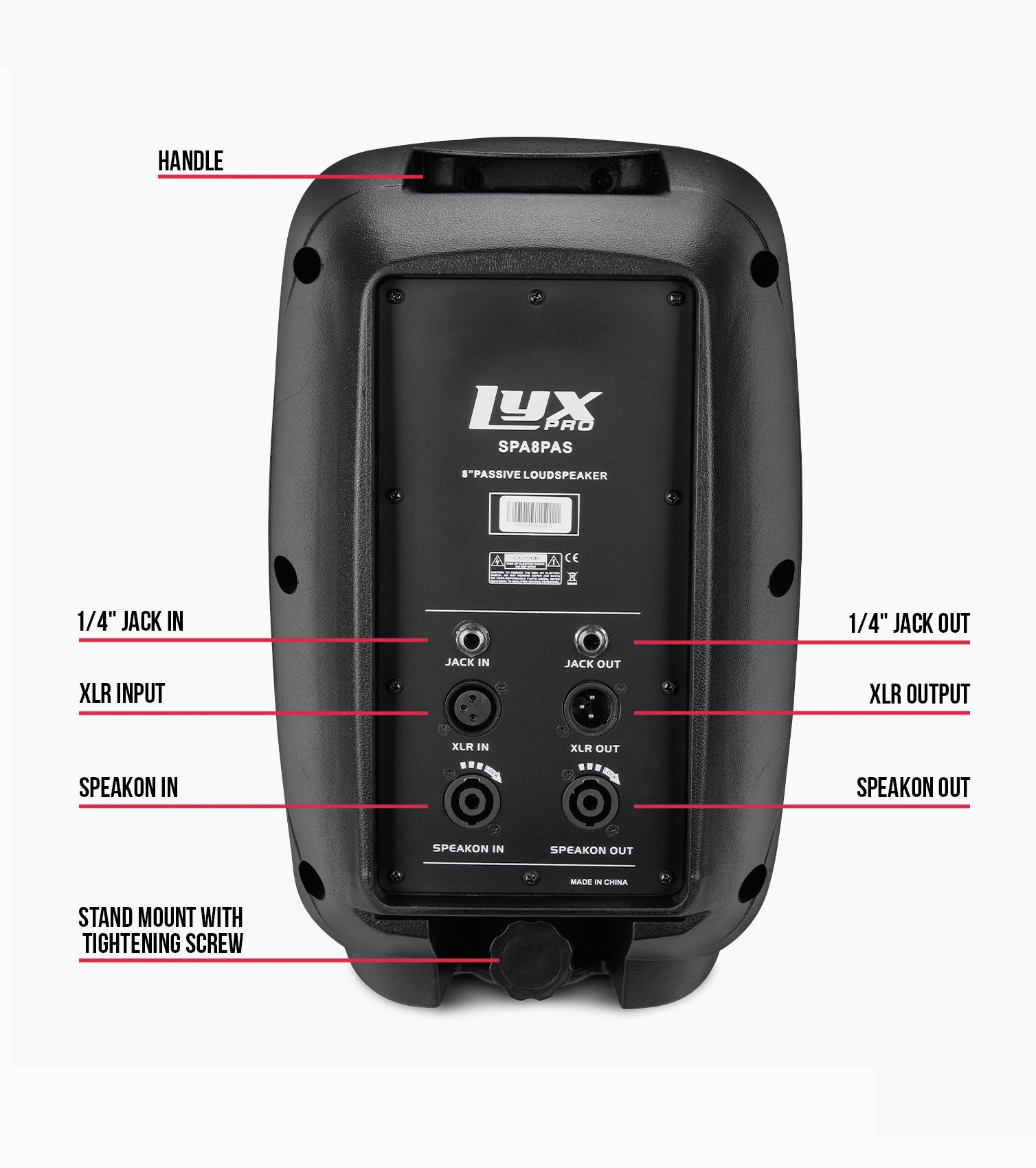 LyxPro Portable 8 in Passive PA Speaker - Inputs and outputs