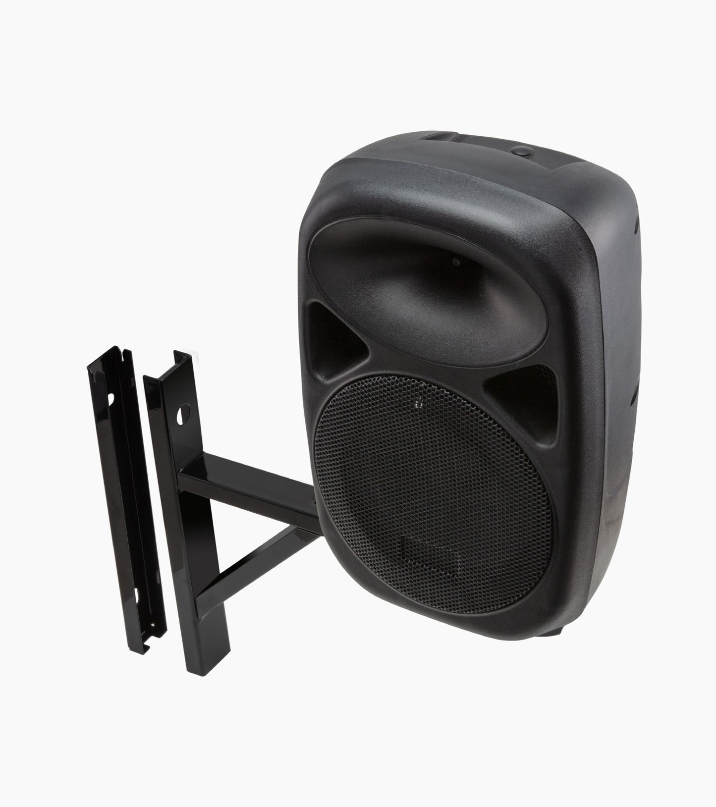 black wall-mount speaker brackets with portable PA speaker  
