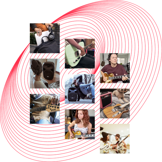 Collage of people playing instruments and using audio equipment