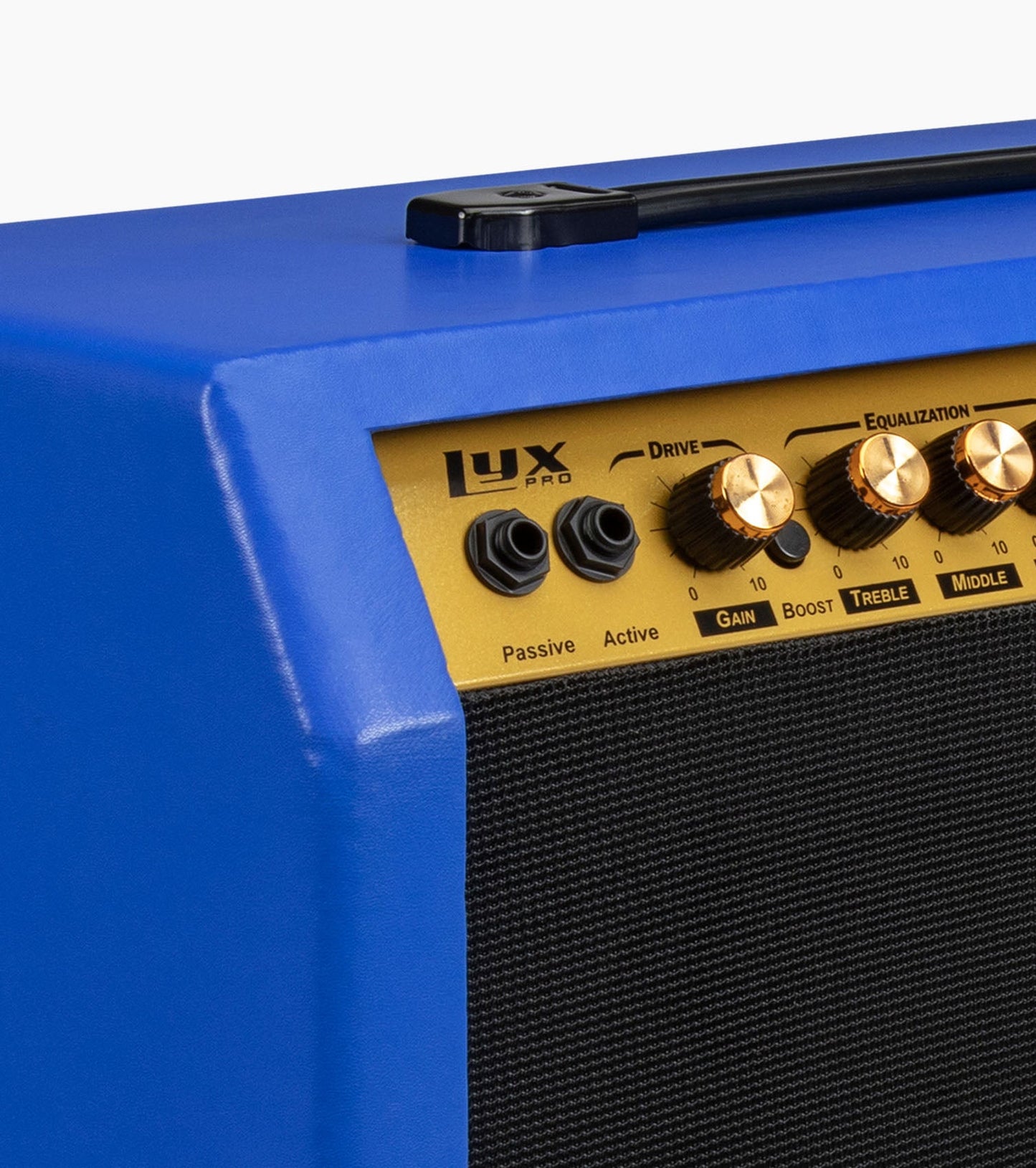 close-up of blue 60-watt beginner guitar amp controls