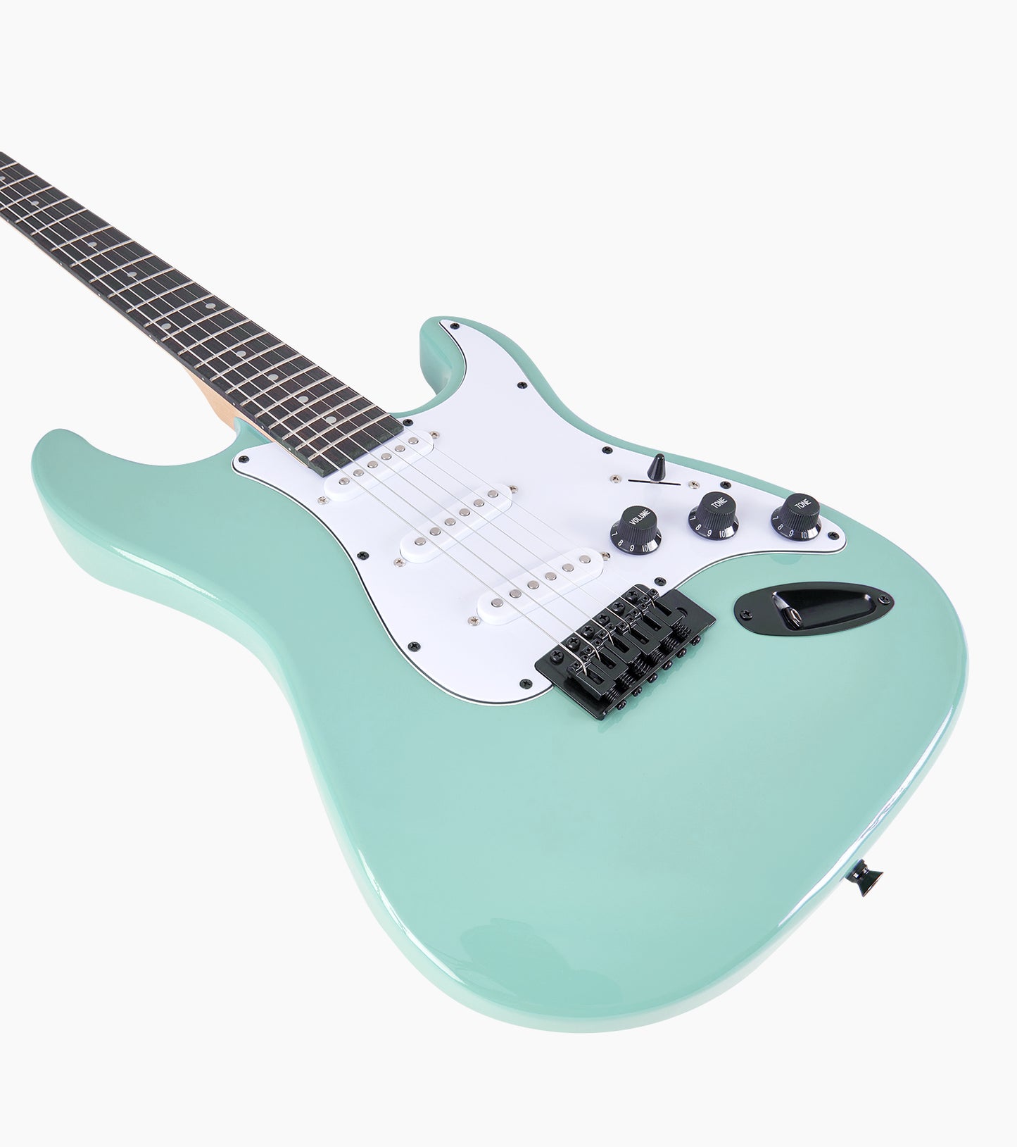 close-up of Green double-cutaway beginner electric guitar