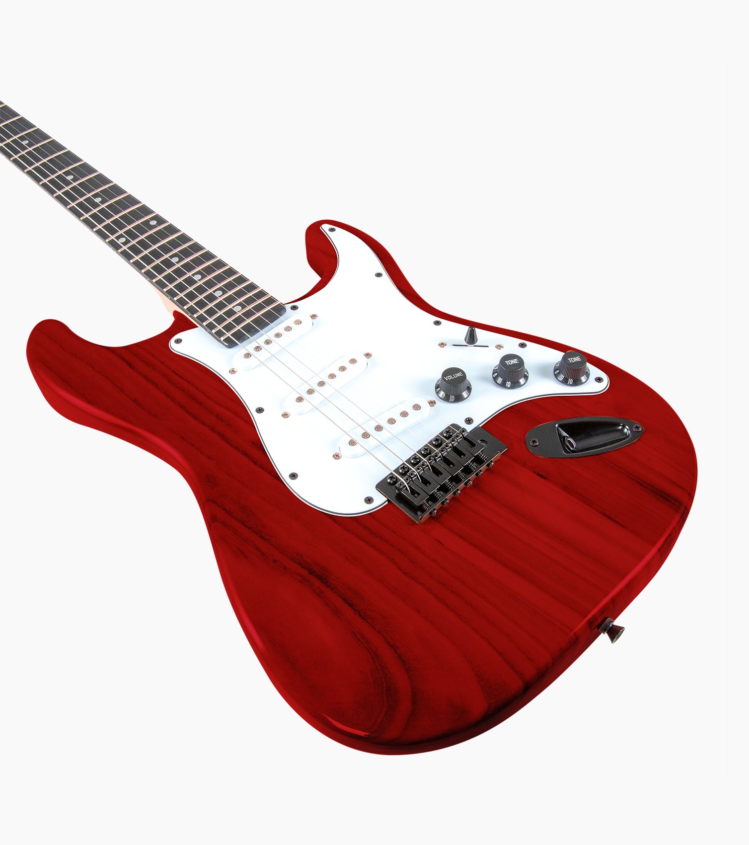 close-up of Red double-cutaway beginner electric guitar