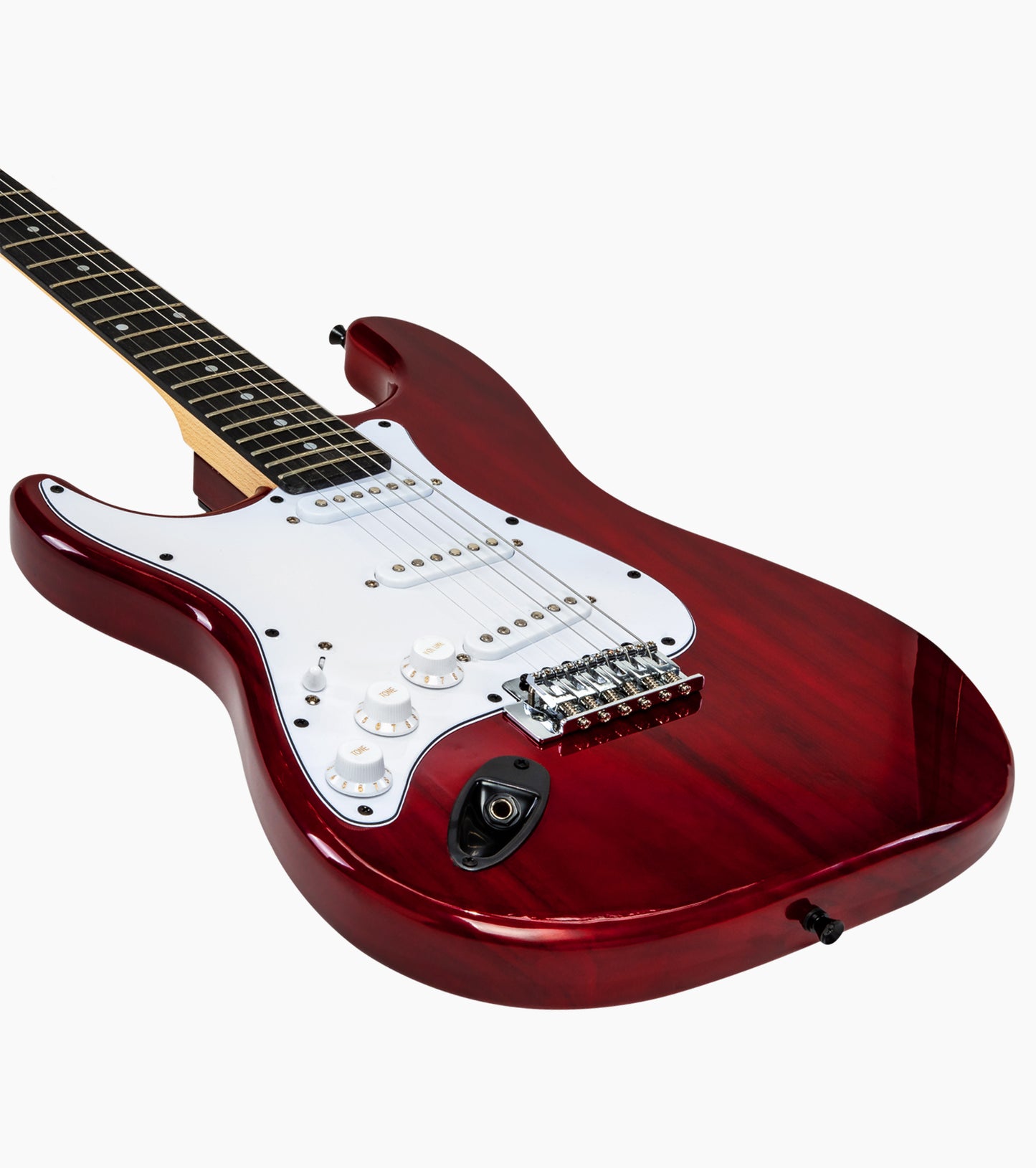 close-up of Sunbrust double-cutaway beginner electric guitar