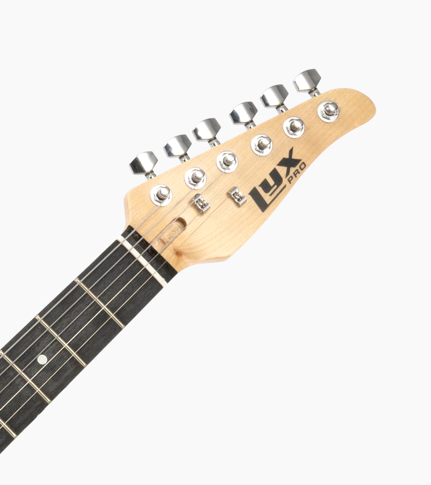 close-up of Green single-cutaway electric guitar head