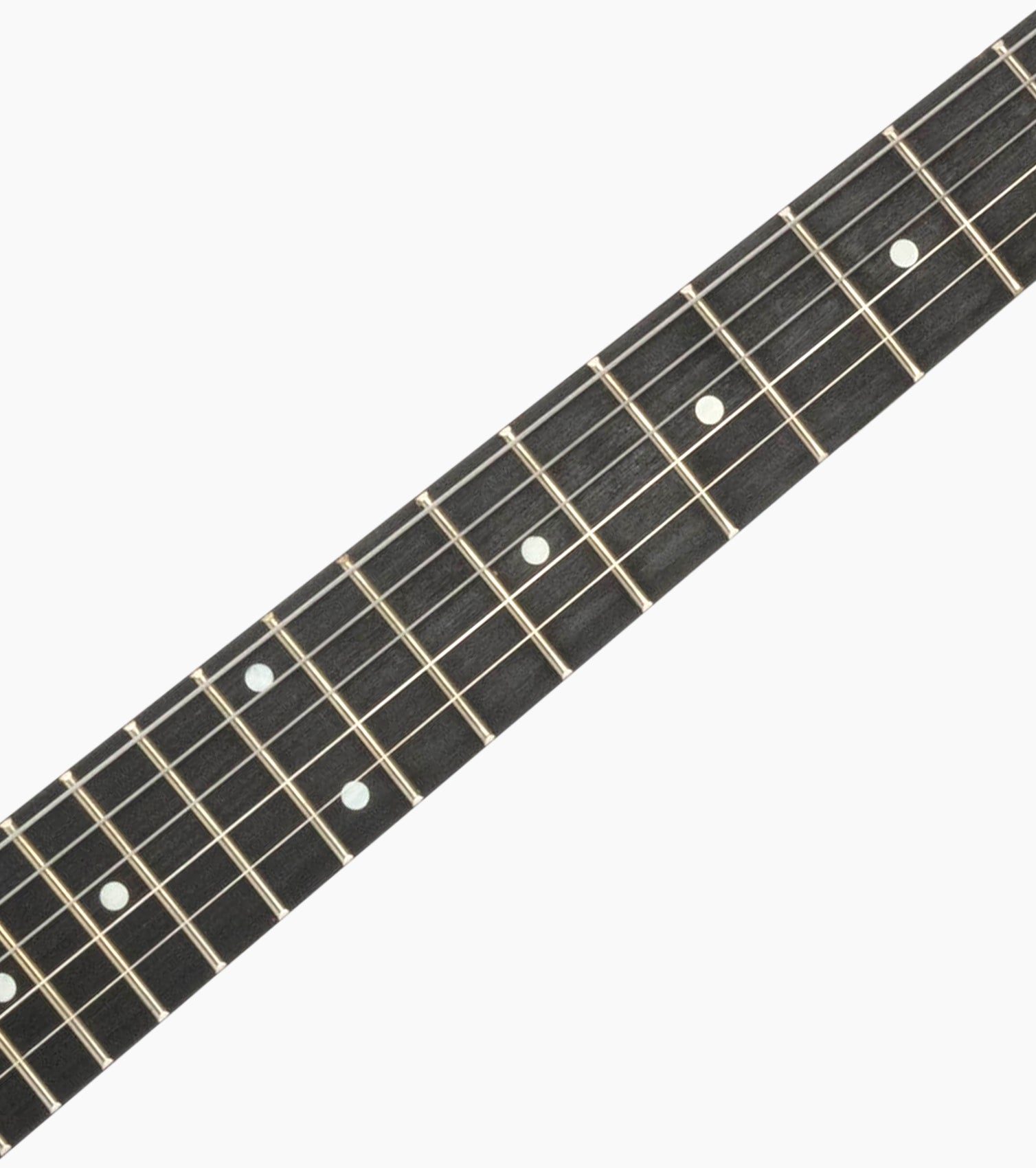 close-up of Green single-cutaway electric guitar fretboard