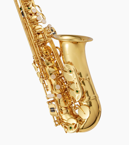 close-up of gold e flat alto sax 