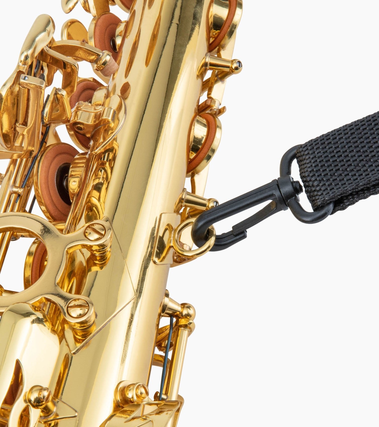 close-up of gold e flat alto sax strap 