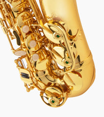 close-up of gold e flat alto sax elbow